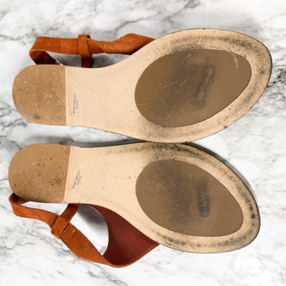 J. Crew Suede Thong Sandals Tan Size 9 Ankle Strap Gold Hardware - Picture 6 of 7